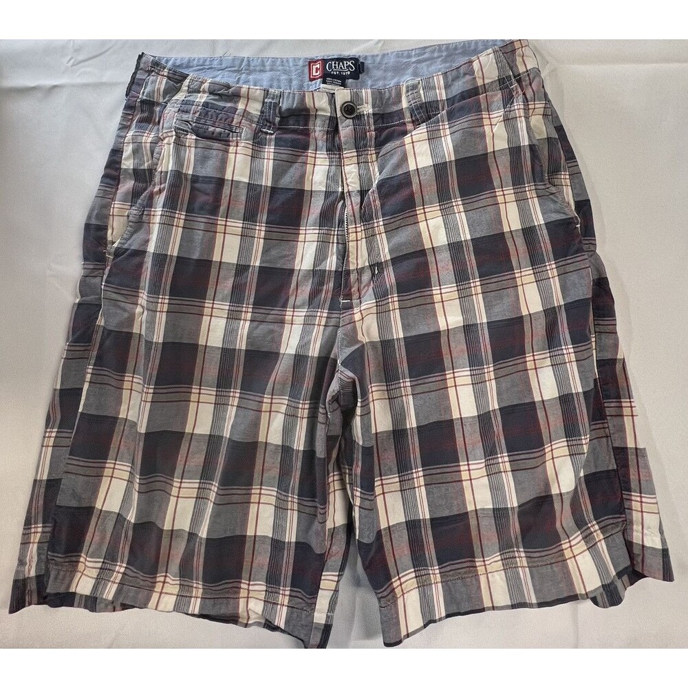 CHAPS Mens Multicolor Plaid Flat Front Slash Pocket Casual Cotton Shorts Size 34